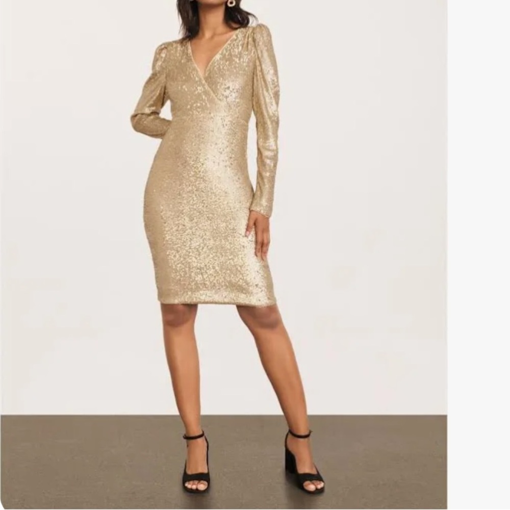 Donna Karan Gold Sequins Puff Long Sleeve Surplice Knee-Length Cocktail Dress